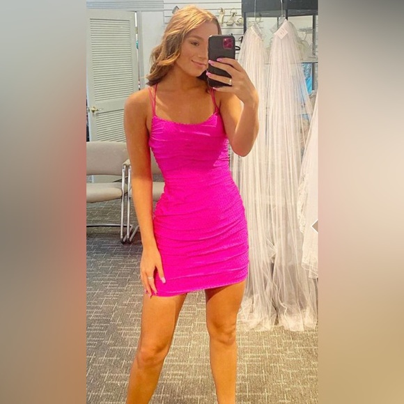 oh polly neon pink dress Embellished Cut Out Mini Dress in Fuschia